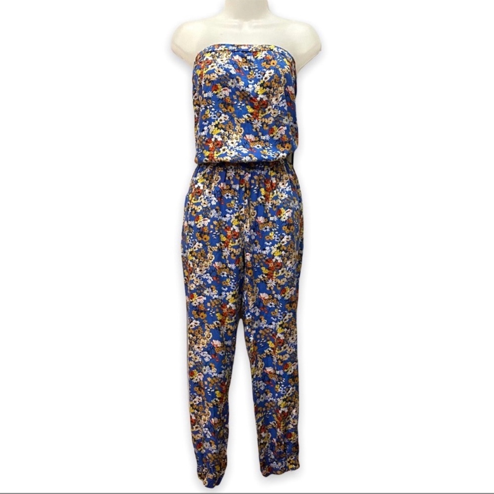 Aritzia Sunday Best Tabata Floral Light Blue Strapless Jumpsuit Romper Medium